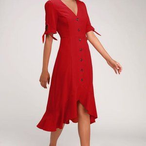 Lulus Gemma Red Button Front Tie Sleeve Midi Dress